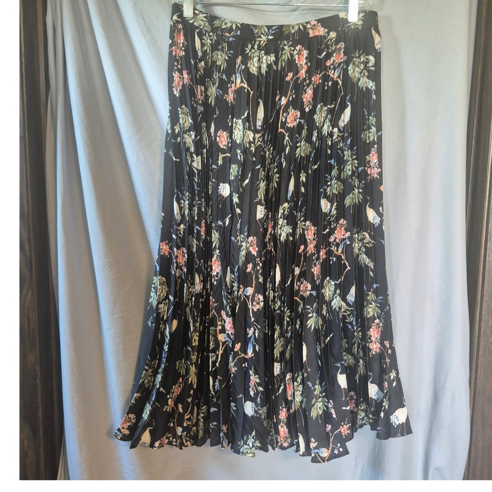 Banana Republic Women Black Tropical Floral Bird Print Pleated Midi Skirt Size 6